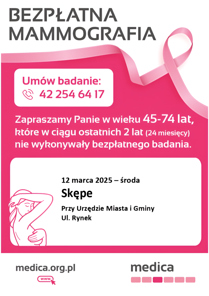 Plakat informacyjny - Mamografia Skępe 12.03.2025 r.