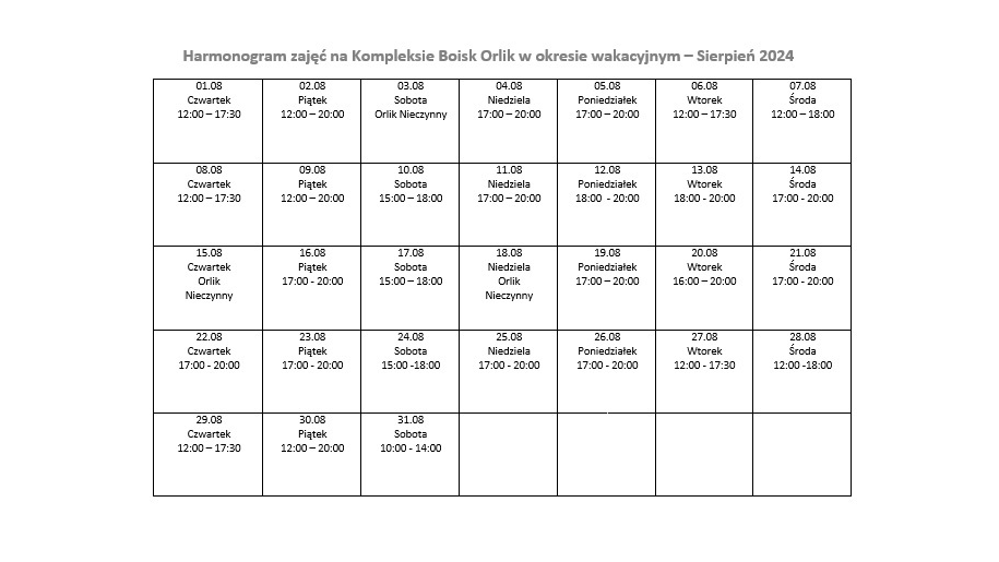 Harmonogram Kompleksu Orlik - Sierpień