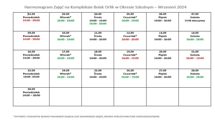 Harmonogram Kompleksu Orlik - Wrzesień